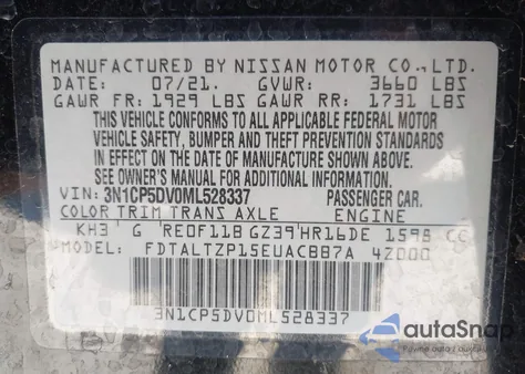 2021 Nissan Kicks Sr Xtronic Cvt from USA, damaged, VIN 3N1CP5DV0ML528337